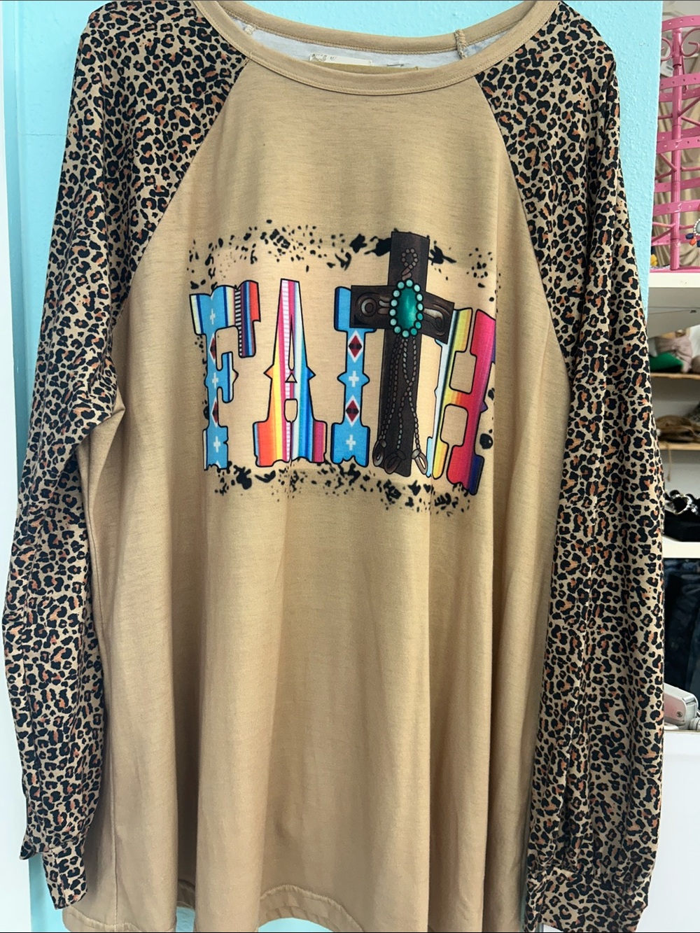Tan Graphic Raglan Top with Leopard Sleeves